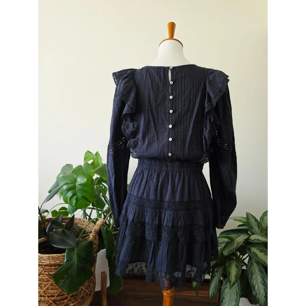 LoveShackFancy Black Lace Ruffle Mini Dress Long Sleeve Tiered Boho Womens Sz M - Picture 3 of 14